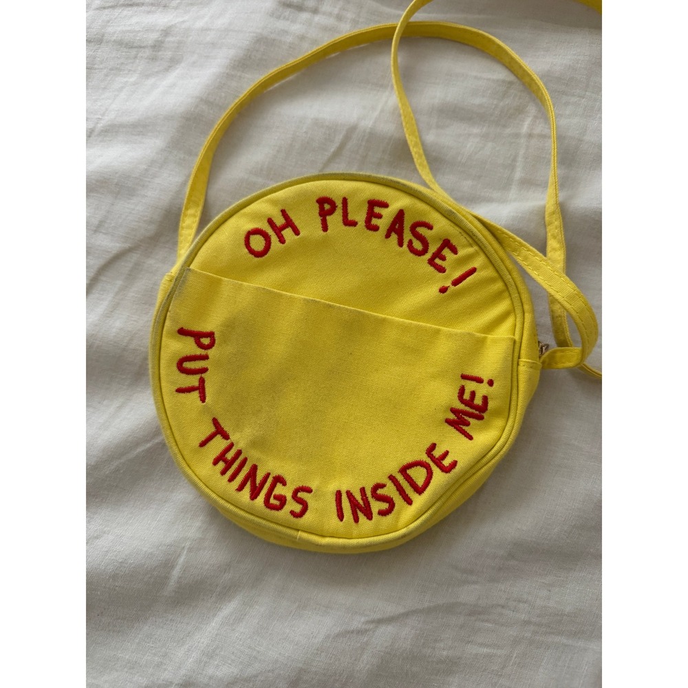 Penelope Gazin Yellow Round Crossbody Purse Bag Embroidered Smiley Face - Picture 3 of 7